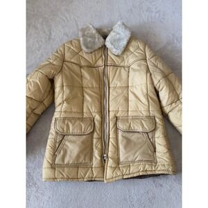 Vintage Ms. Pioneer Women's Puffer Coat Faux Fur Collar Vintage Tan Jacket L
